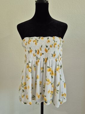 White Strapless Smocked Top with Yellow Floral Print